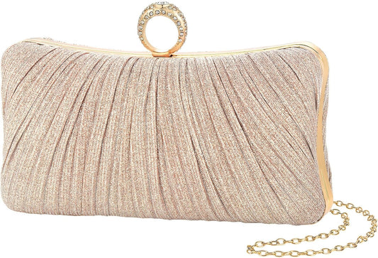 Golden Glitter Clutch with Rhinestone Ring