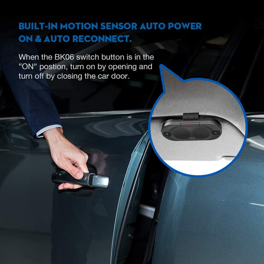 BK06 Bluetooth 5.0 in Car Speakerphone with Visor Clip, Wireless Car Kit for Handsfree Talking, Motion Auto On, Siri Google Assistant Support, Dual 2W Speakers