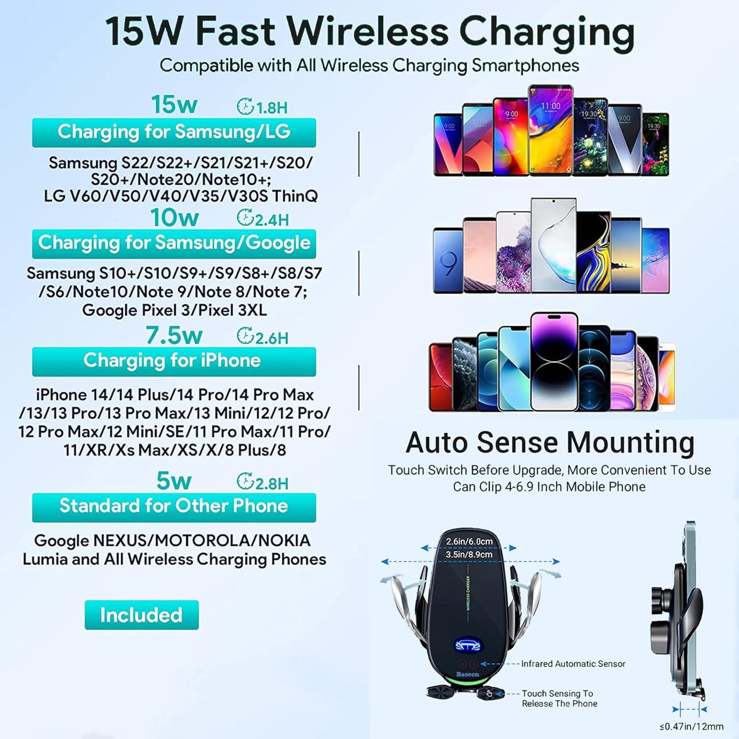 15W Fast Wireless Phone Charger, Car Wireless Phone Charger and Holder, Auto-Clamping Senser Hand Free, Rechargerable Battery, Suit for Car Office Kitchen, round Vent Friendly, Case Friendly