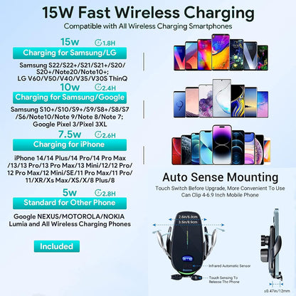 15W Fast Wireless Phone Charger, Car Wireless Phone Charger and Holder, Auto-Clamping Senser Hand Free, Rechargerable Battery, Suit for Car Office Kitchen, round Vent Friendly, Case Friendly