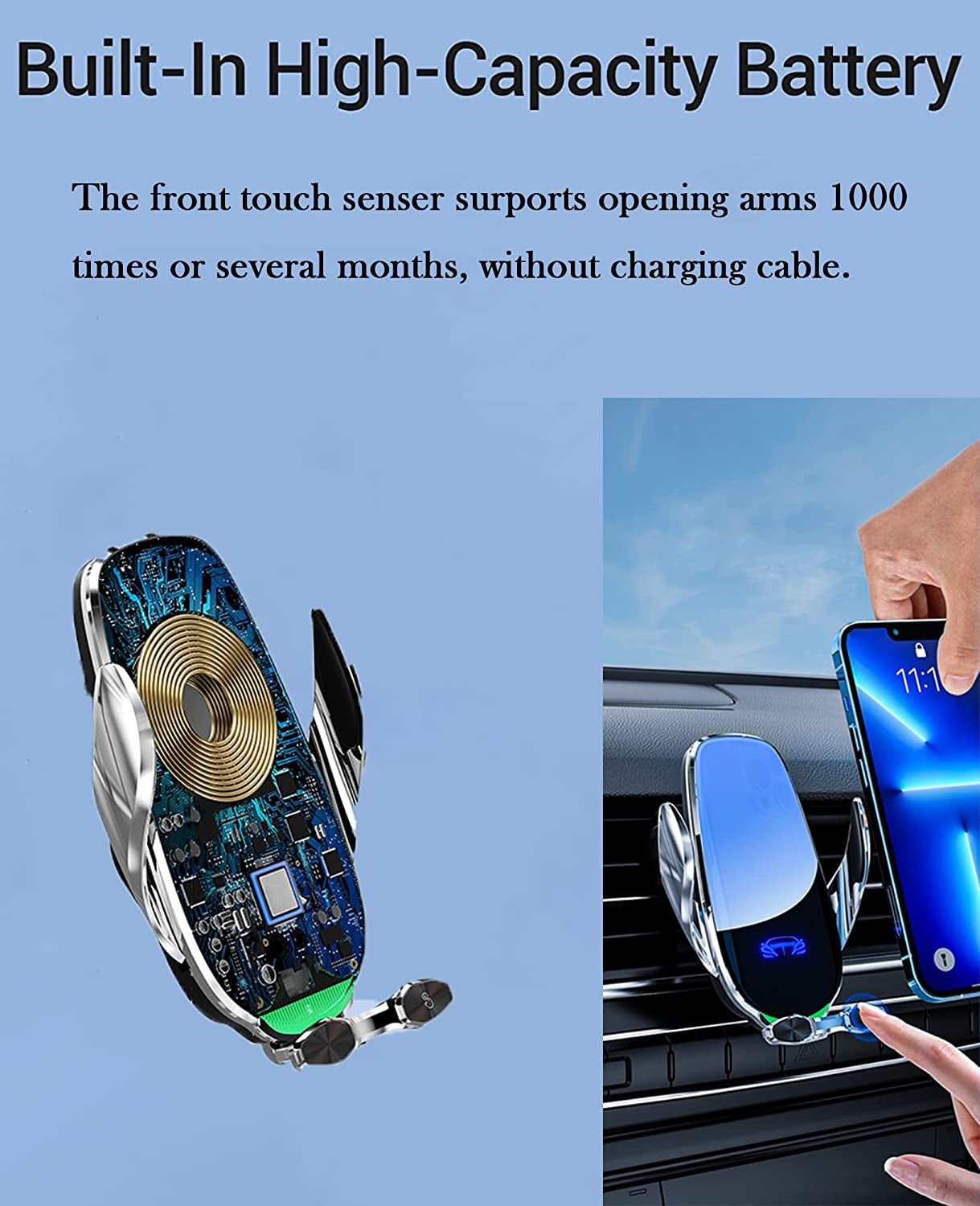 15W Fast Wireless Phone Charger, Car Wireless Phone Charger and Holder, Auto-Clamping Senser Hand Free, Rechargerable Battery, Suit for Car Office Kitchen, round Vent Friendly, Case Friendly