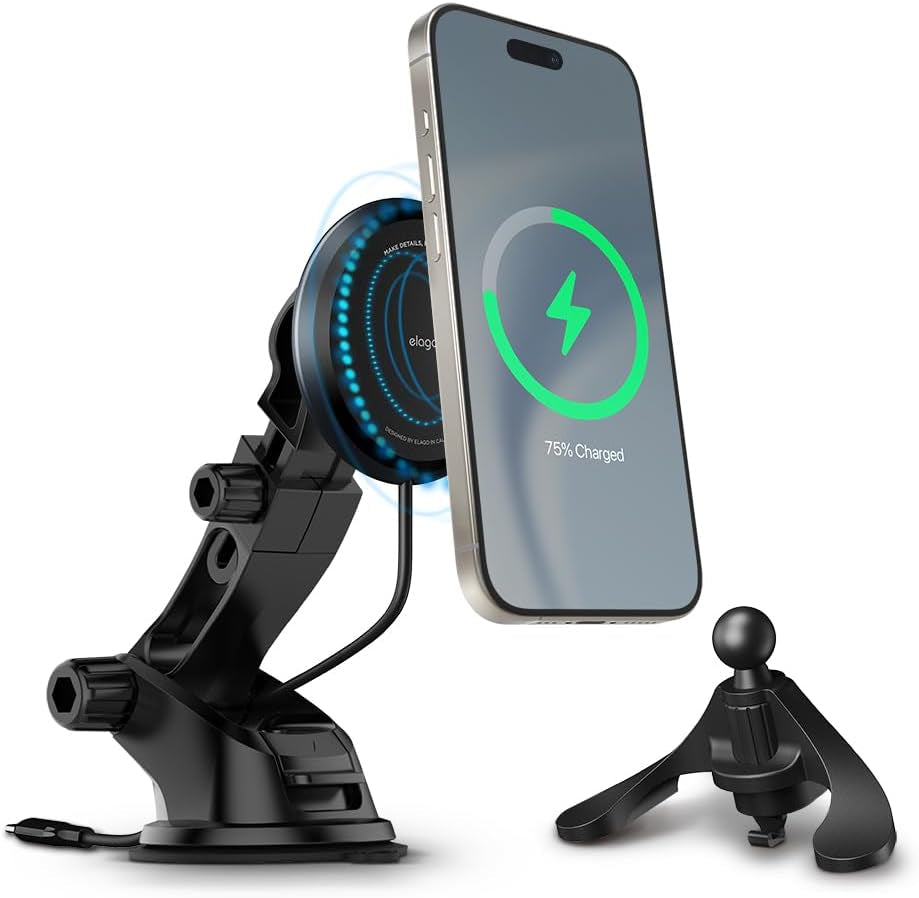 Magnetic Car Charger Mount Compatible with Magsafe, Compatible with Iphone 17/16/15/14/13/12/11 Series, All Other Brand Wireless Charging Phones - Magnetic Ring Included, Two Mounting Options