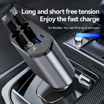 Retractable Car Charger 4 in 1 Fast Car Phone Charger 100W, Retractable Cables and USB Car Charger with 2 USB Ports, Car Charger for Iphone 15 14 13 12 Pro Max Plus/Samsung Galaxy/Huawei/Xiaomi