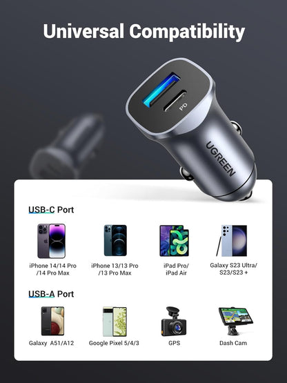 Car Charger USB C, 2 Ports PD 20W & QC18W, Super Mini, Aluminum Alloy, Space Grey, Compatible with Iphone 17/16/15/14/13, Galaxy S25/S24/S23, Pixel 10/9, LG, Ipad