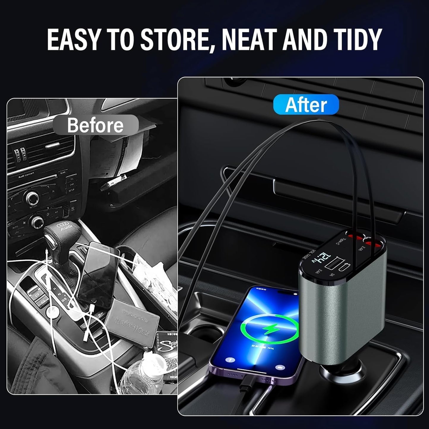 Retractable Car Charger 4 in 1 Fast Car Phone Charger 100W, Retractable Cables and USB Car Charger with 2 USB Ports, Car Charger for Iphone 15 14 13 12 Pro Max Plus/Samsung Galaxy/Huawei/Xiaomi