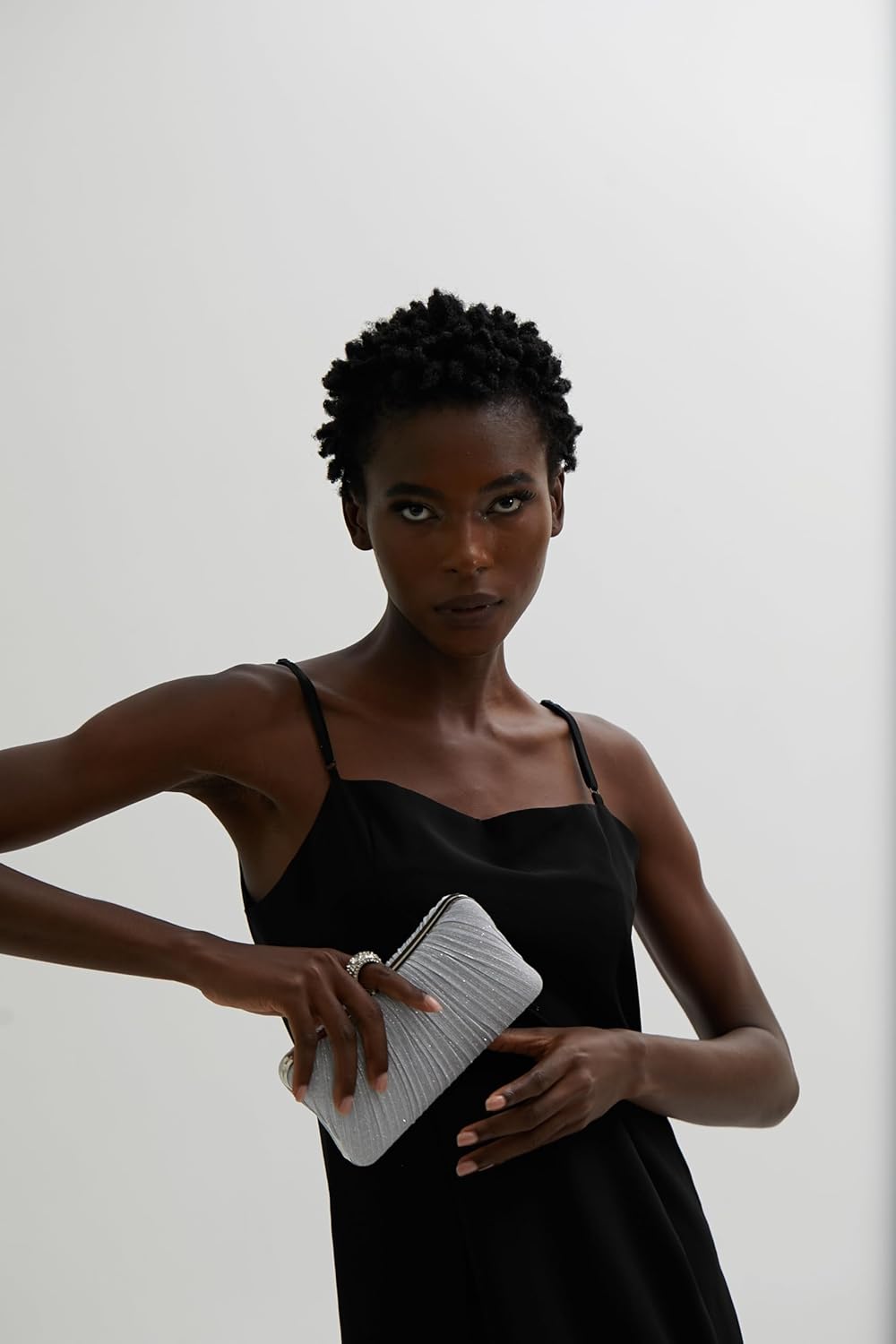 Golden Glitter Clutch with Rhinestone Ring