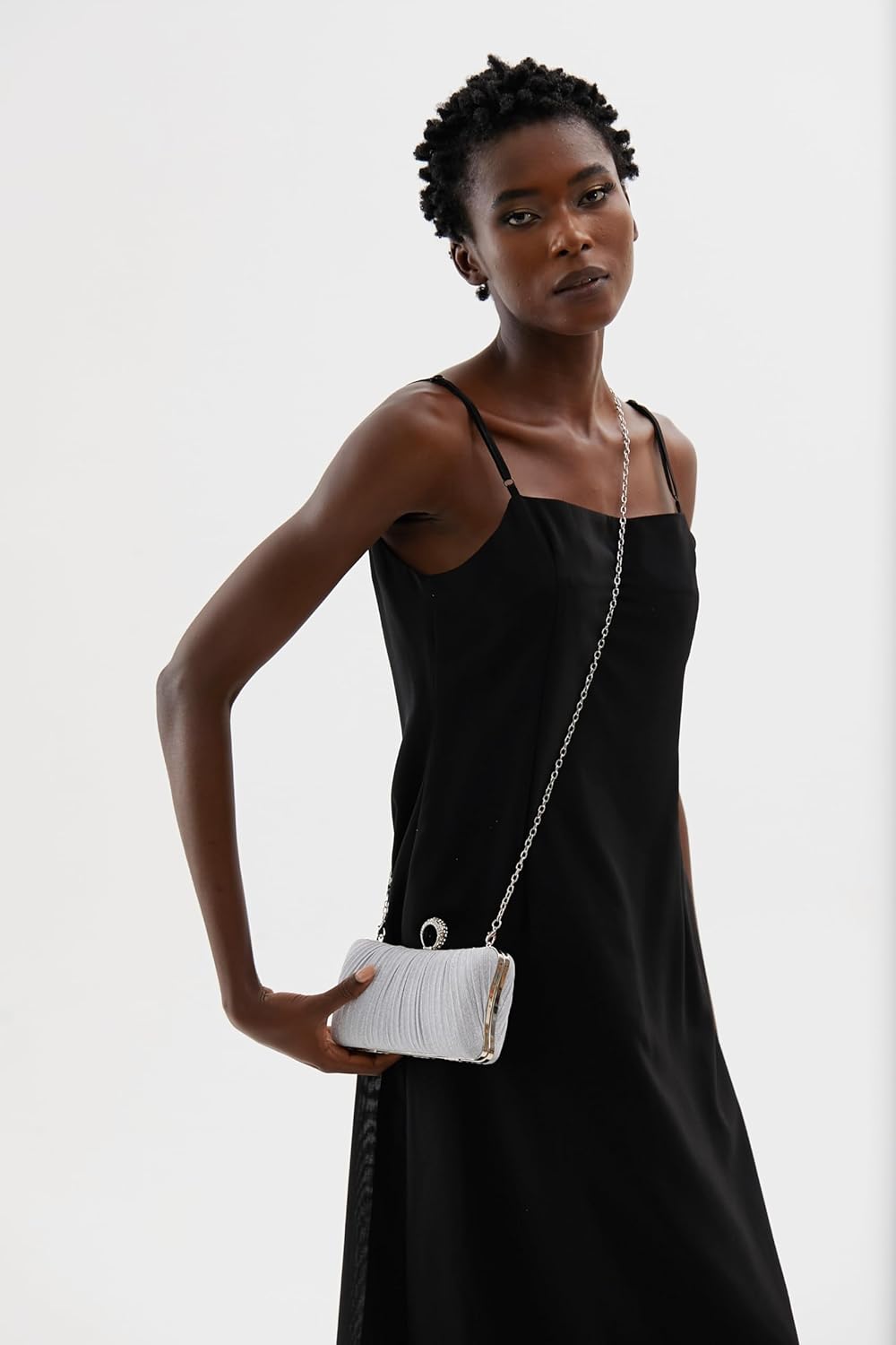 Golden Glitter Clutch with Rhinestone Ring