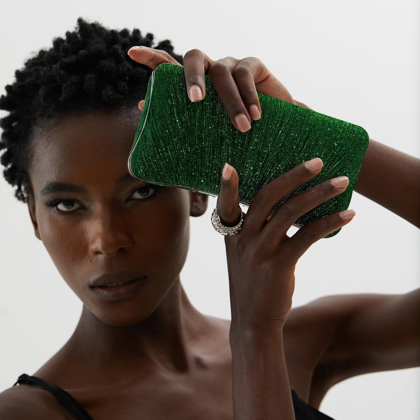 Golden Glitter Clutch with Rhinestone Ring