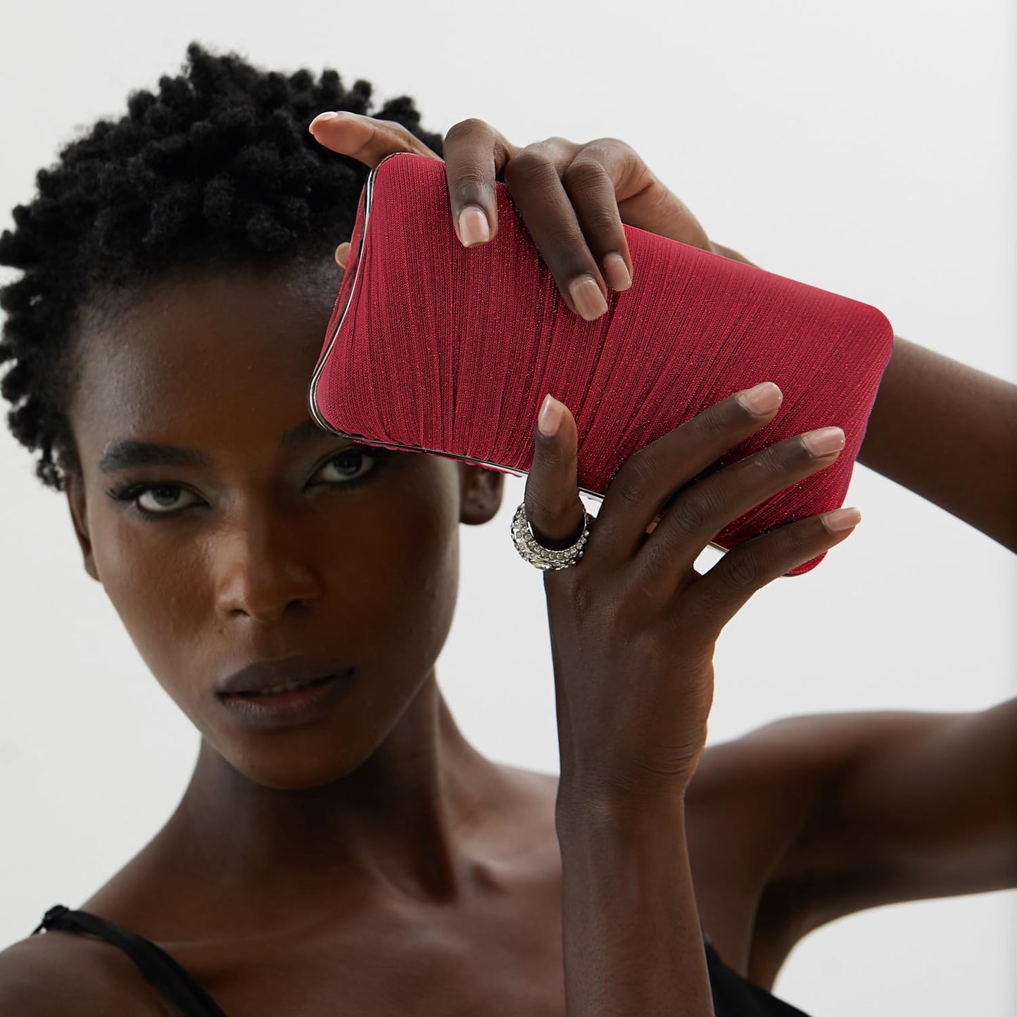 Golden Glitter Clutch with Rhinestone Ring