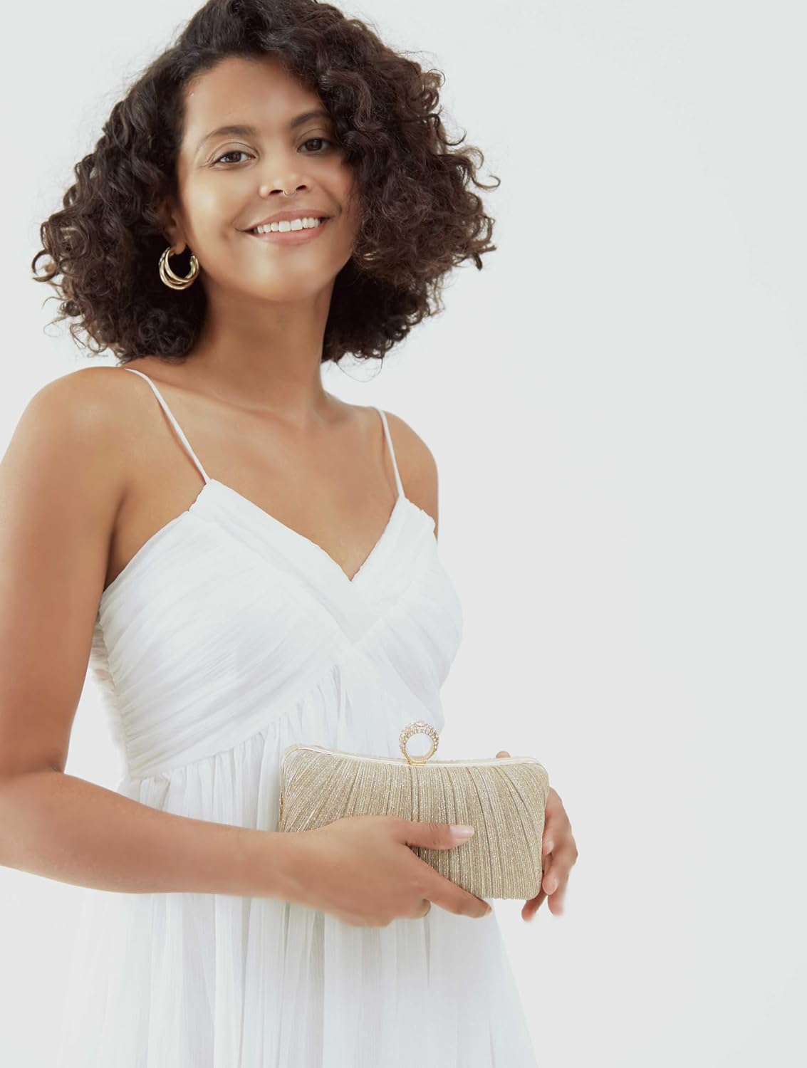 Golden Glitter Clutch with Rhinestone Ring