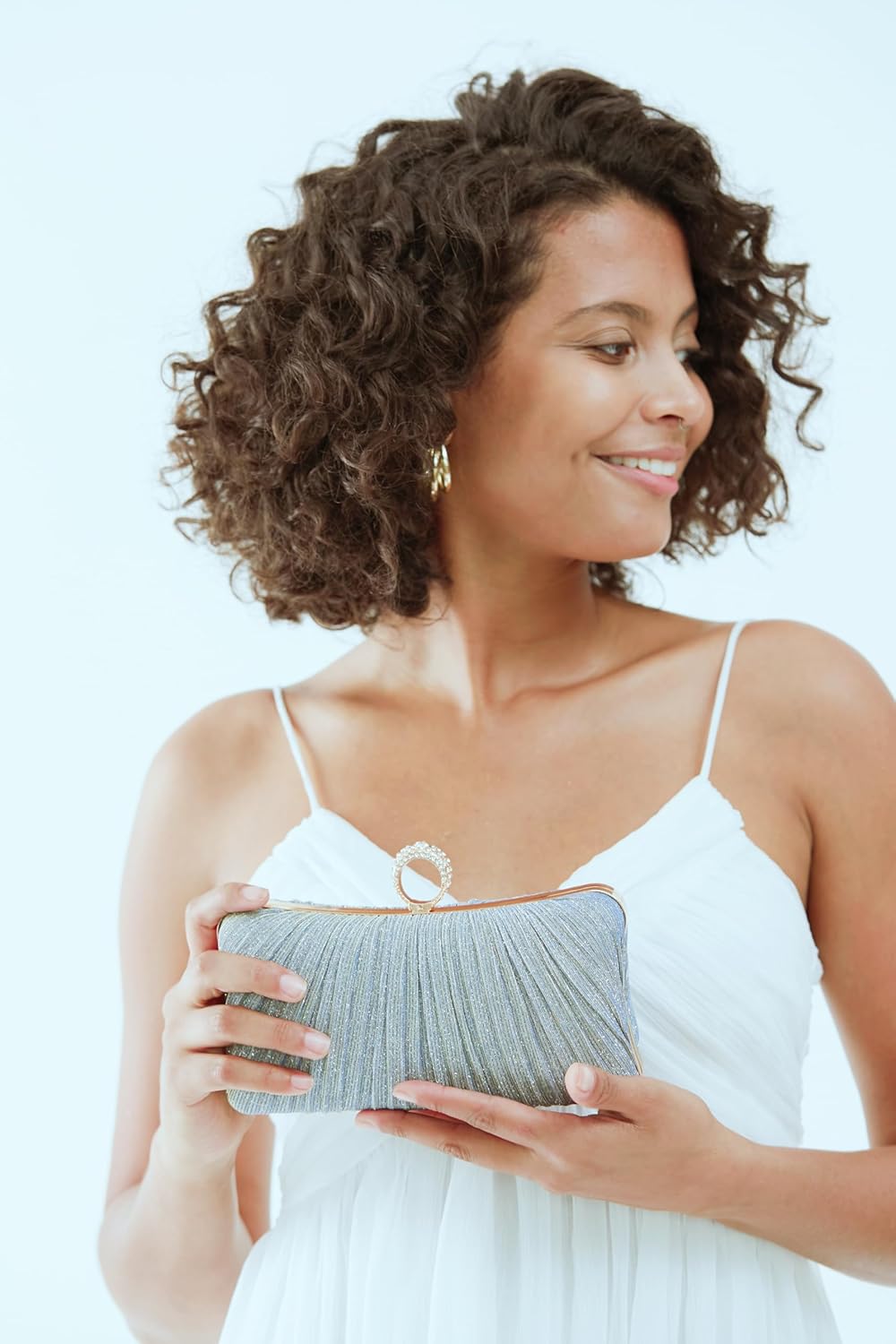 Golden Glitter Clutch with Rhinestone Ring