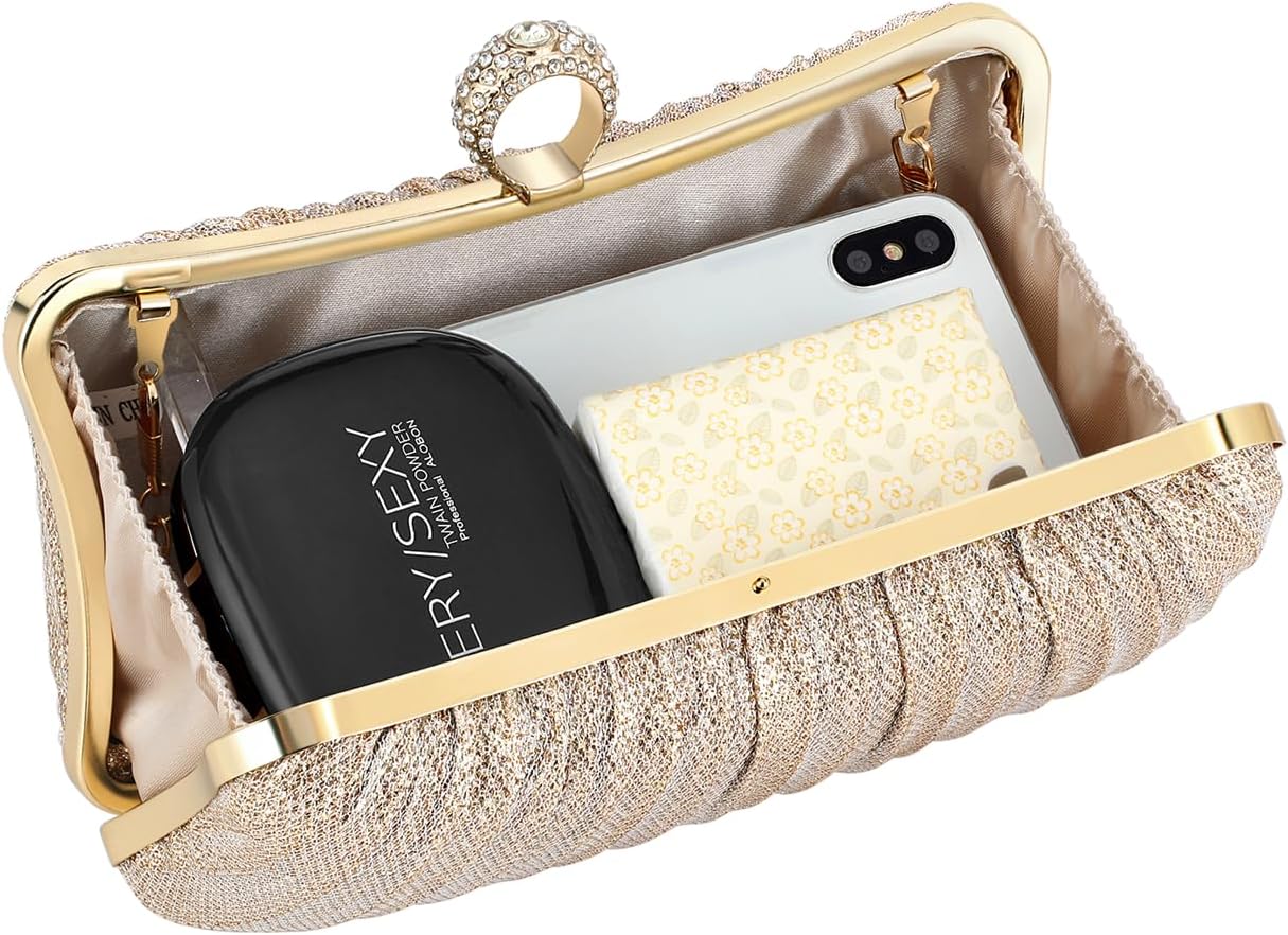 Golden Glitter Clutch with Rhinestone Ring