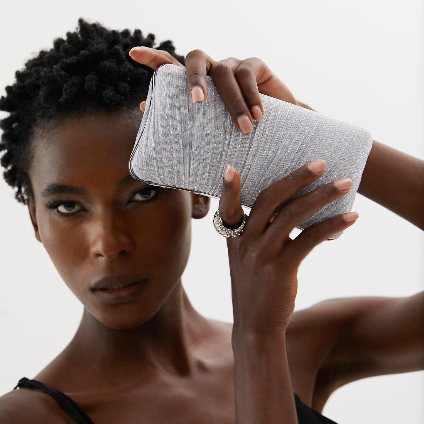 Golden Glitter Clutch with Rhinestone Ring