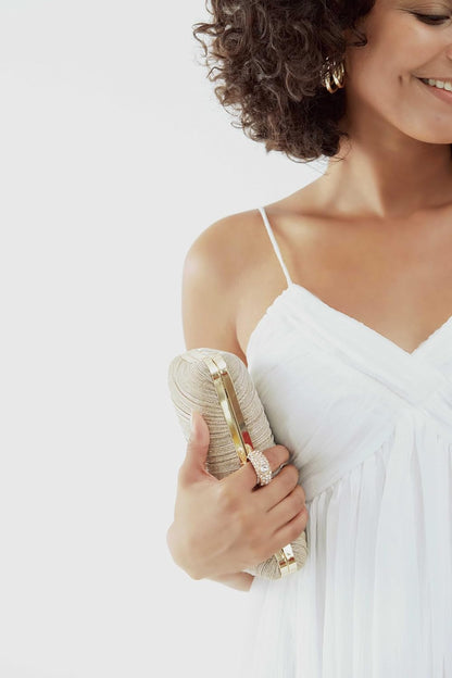 Golden Glitter Clutch with Rhinestone Ring