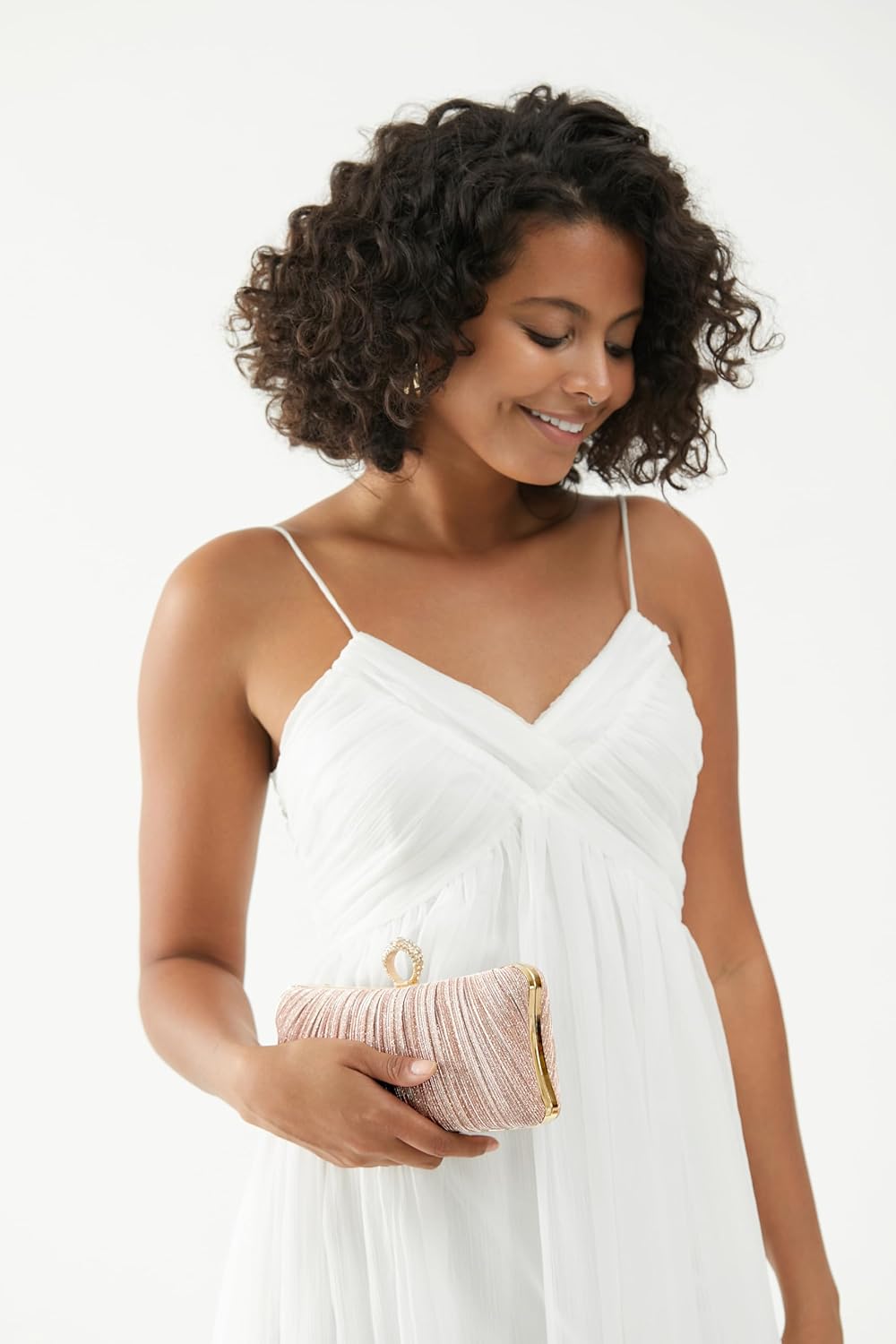 Golden Glitter Clutch with Rhinestone Ring