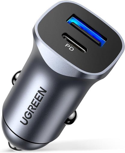Car Charger USB C, 2 Ports PD 20W & QC18W, Super Mini, Aluminum Alloy, Space Grey, Compatible with Iphone 17/16/15/14/13, Galaxy S25/S24/S23, Pixel 10/9, LG, Ipad