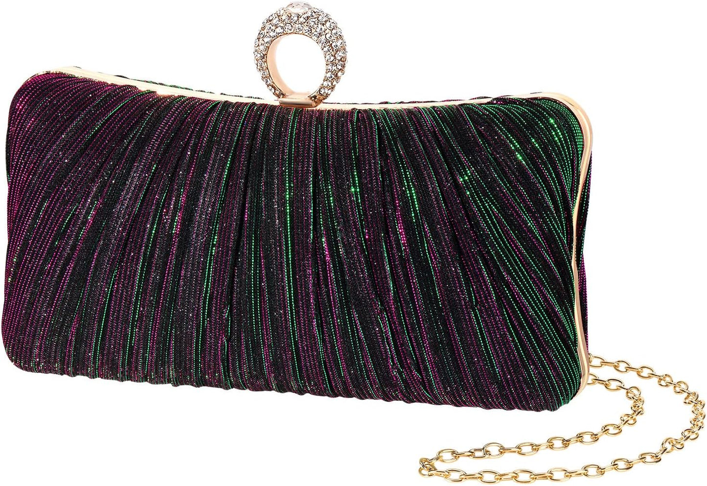 Golden Glitter Clutch with Rhinestone Ring