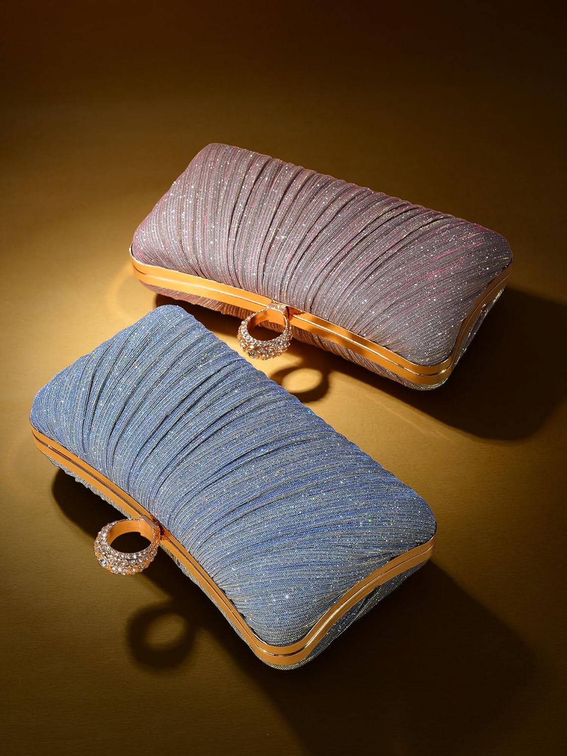 Golden Glitter Clutch with Rhinestone Ring