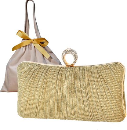 Golden Glitter Clutch with Rhinestone Ring