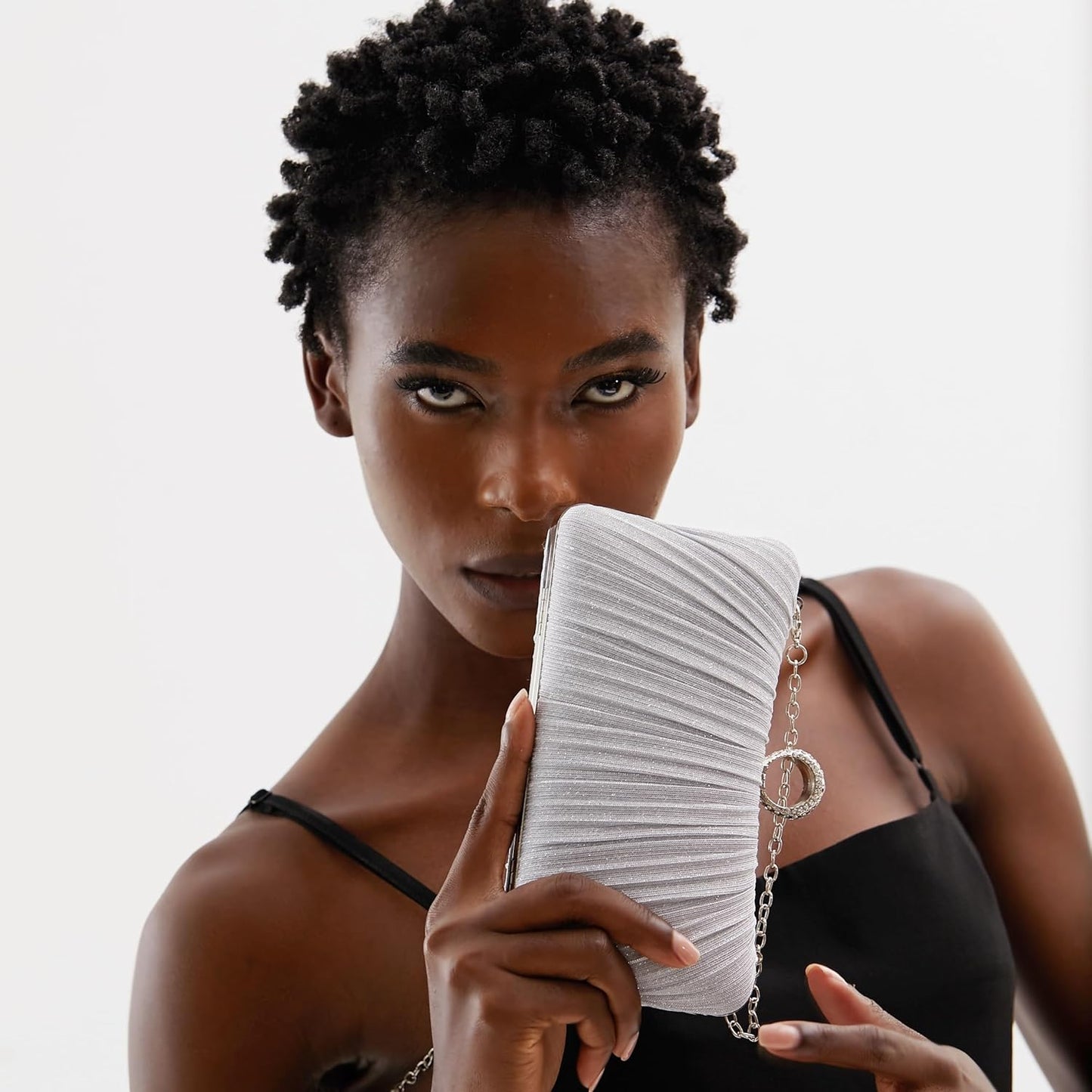 Golden Glitter Clutch with Rhinestone Ring