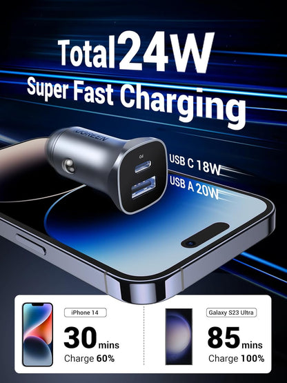 Car Charger USB C, 2 Ports PD 20W & QC18W, Super Mini, Aluminum Alloy, Space Grey, Compatible with Iphone 17/16/15/14/13, Galaxy S25/S24/S23, Pixel 10/9, LG, Ipad
