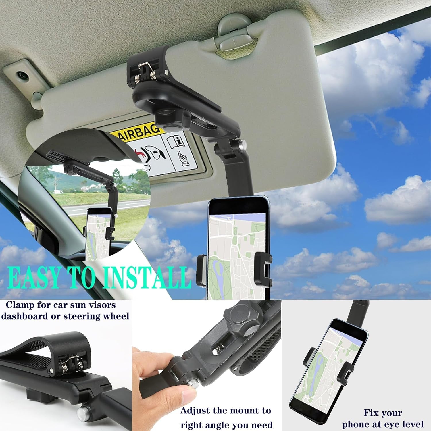 Sun Visor Car Phone Holder，1080° Multifunctional Sun Visor Universal 360 Rotating Rear View Mirror Phone Holder, Foldable Cell Phone Mount Clip for All Mobile Phones