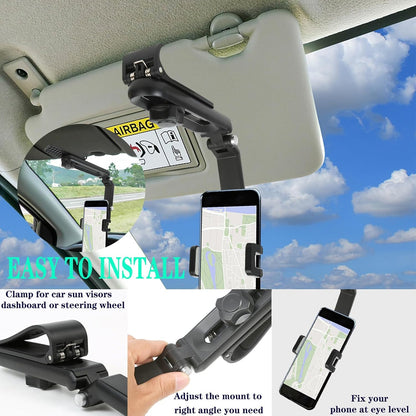 Sun Visor Car Phone Holder，1080° Multifunctional Sun Visor Universal 360 Rotating Rear View Mirror Phone Holder, Foldable Cell Phone Mount Clip for All Mobile Phones