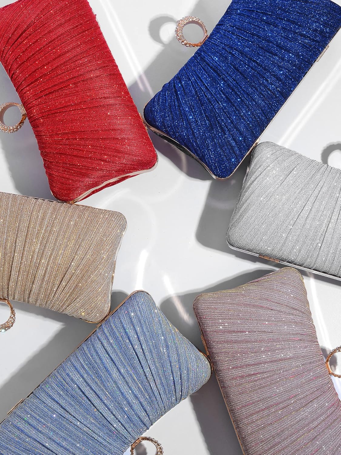 Golden Glitter Clutch with Rhinestone Ring