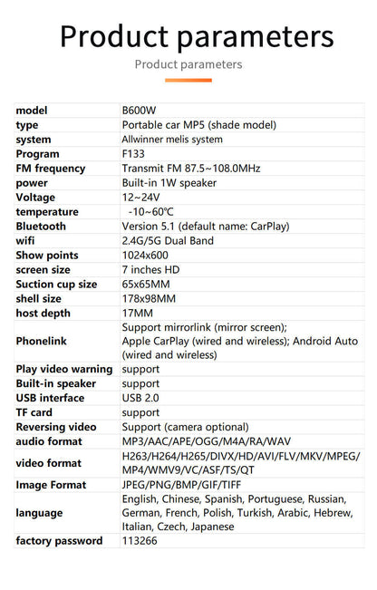 7" Portable Car Stereo Radio for Apple CarPlay Android Auto Bluetooth 