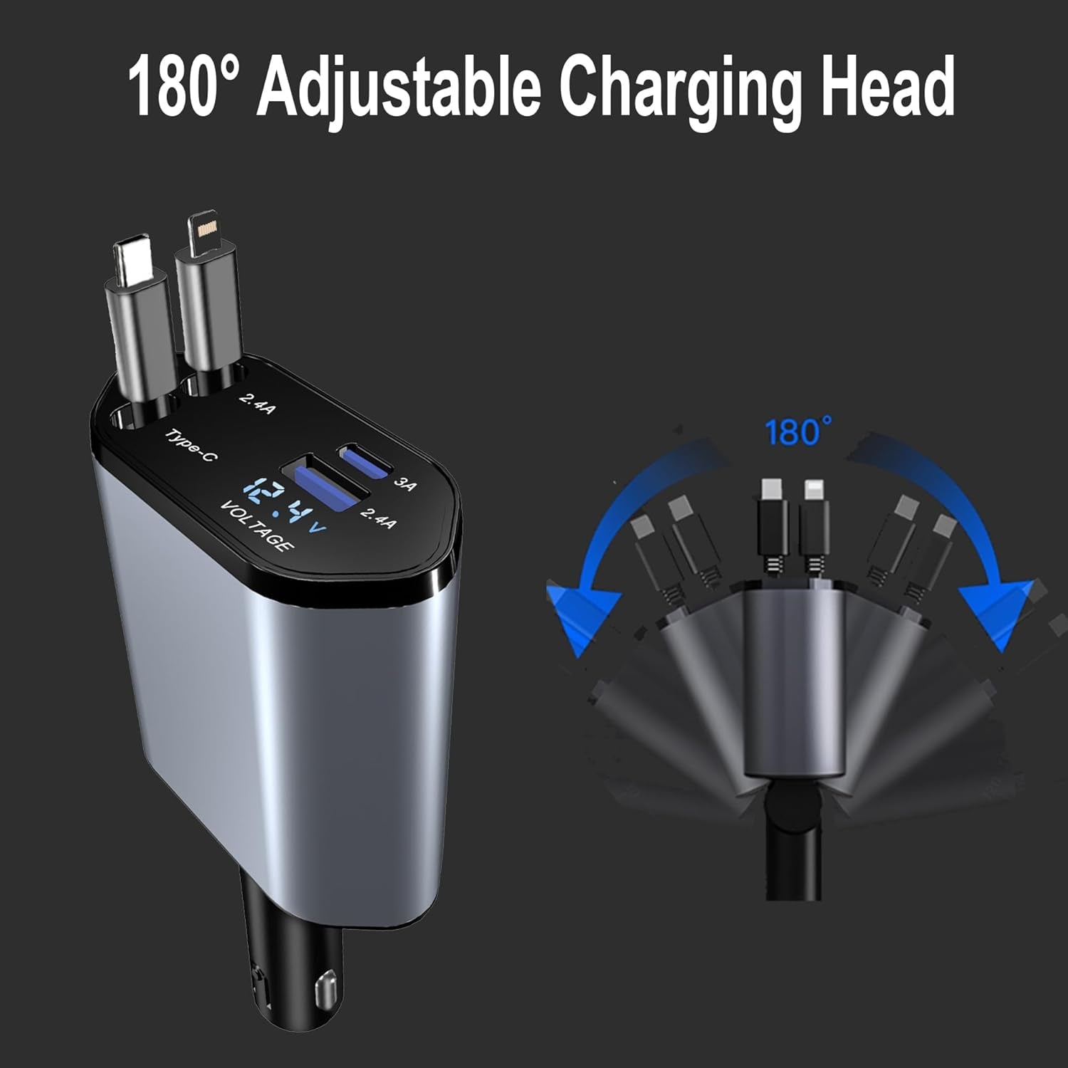 Retractable Car Charger 4 in 1 Fast Car Phone Charger 100W, Retractable Cables and USB Car Charger with 2 USB Ports, Car Charger for Iphone 15 14 13 12 Pro Max Plus/Samsung Galaxy/Huawei/Xiaomi