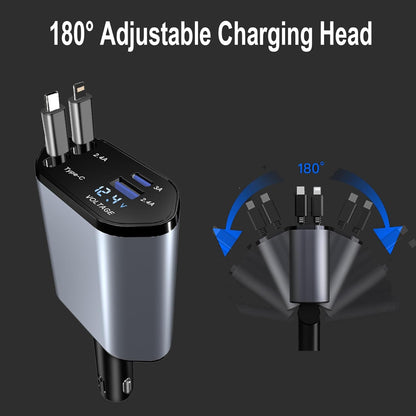 Retractable Car Charger 4 in 1 Fast Car Phone Charger 100W, Retractable Cables and USB Car Charger with 2 USB Ports, Car Charger for Iphone 15 14 13 12 Pro Max Plus/Samsung Galaxy/Huawei/Xiaomi