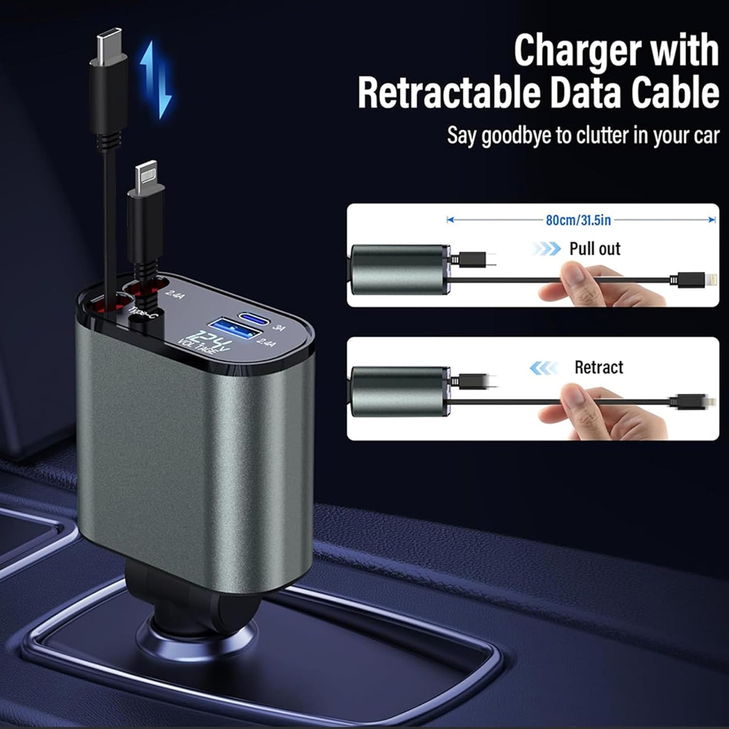 Retractable Car Charger 4 in 1 Fast Car Phone Charger 100W, Retractable Cables and USB Car Charger with 2 USB Ports, Car Charger for Iphone 15 14 13 12 Pro Max Plus/Samsung Galaxy/Huawei/Xiaomi