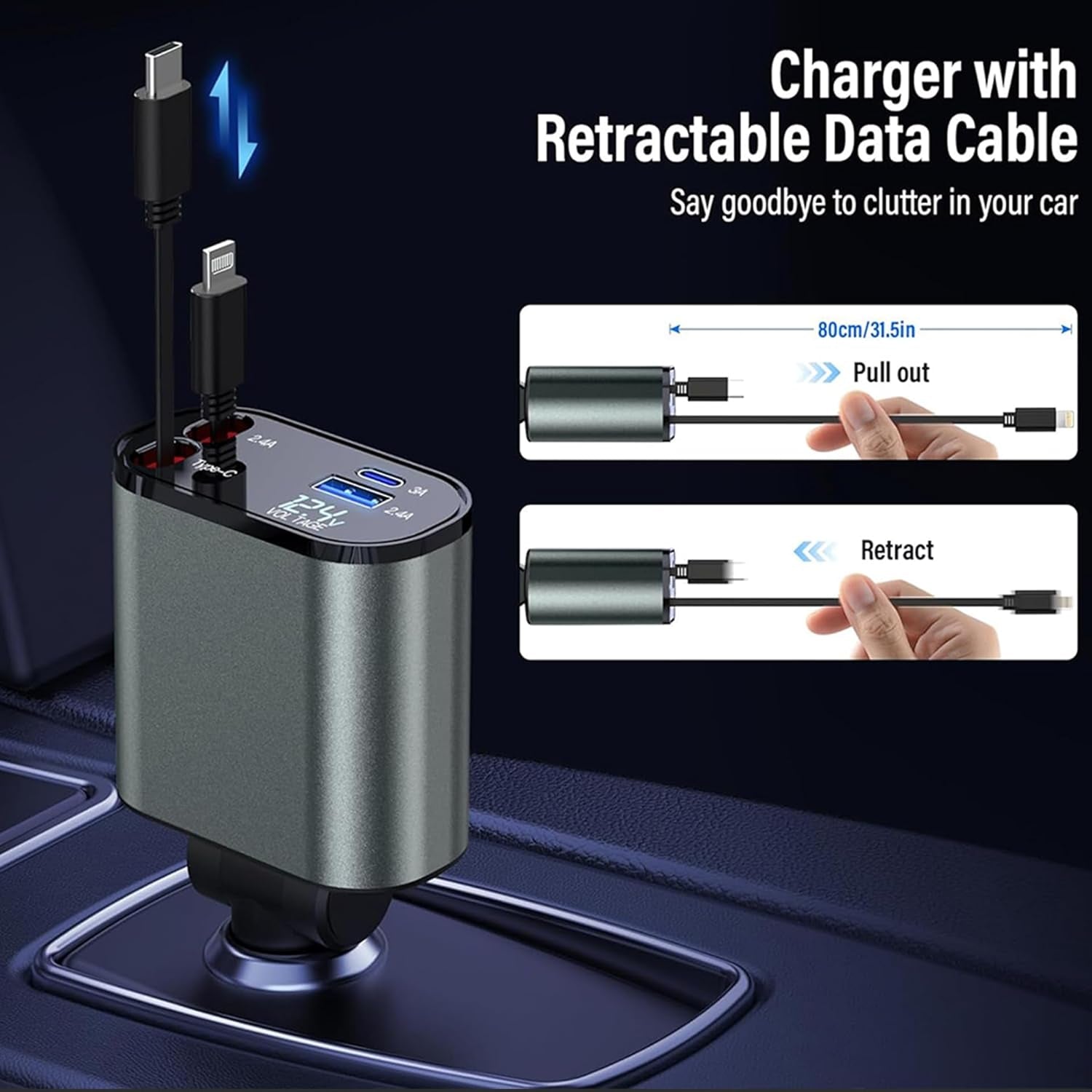 Retractable Car Charger 4 in 1 Fast Car Phone Charger 100W, Retractable Cables and USB Car Charger with 2 USB Ports, Car Charger for Iphone 15 14 13 12 Pro Max Plus/Samsung Galaxy/Huawei/Xiaomi