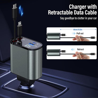 Retractable Car Charger 4 in 1 Fast Car Phone Charger 100W, Retractable Cables and USB Car Charger with 2 USB Ports, Car Charger for Iphone 15 14 13 12 Pro Max Plus/Samsung Galaxy/Huawei/Xiaomi