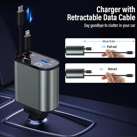 Retractable Car Charger 4 in 1 Fast Car Phone Charger 100W, Retractable Cables and USB Car Charger with 2 USB Ports, Car Charger for Iphone 15 14 13 12 Pro Max Plus/Samsung Galaxy/Huawei/Xiaomi