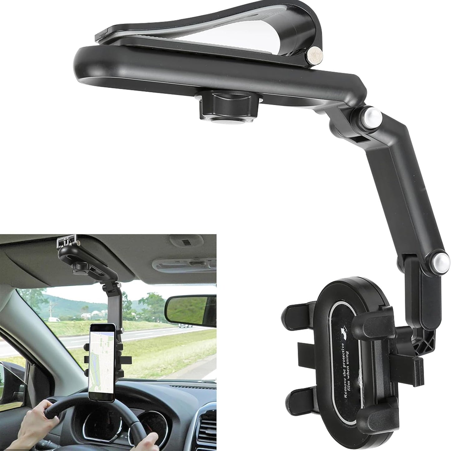 Sun Visor Car Phone Holder，1080° Multifunctional Sun Visor Universal 360 Rotating Rear View Mirror Phone Holder, Foldable Cell Phone Mount Clip for All Mobile Phones