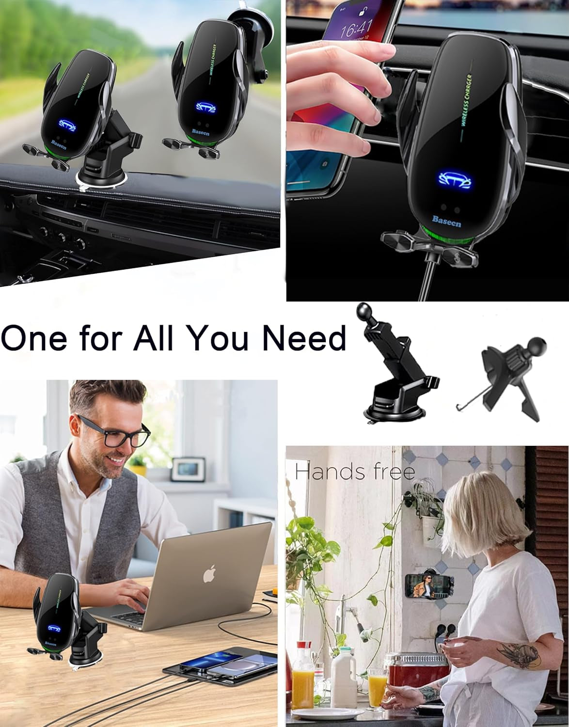 15W Fast Wireless Phone Charger, Car Wireless Phone Charger and Holder, Auto-Clamping Senser Hand Free, Rechargerable Battery, Suit for Car Office Kitchen, round Vent Friendly, Case Friendly