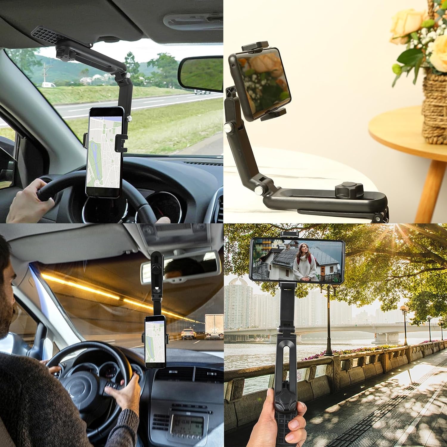 Sun Visor Car Phone Holder，1080° Multifunctional Sun Visor Universal 360 Rotating Rear View Mirror Phone Holder, Foldable Cell Phone Mount Clip for All Mobile Phones