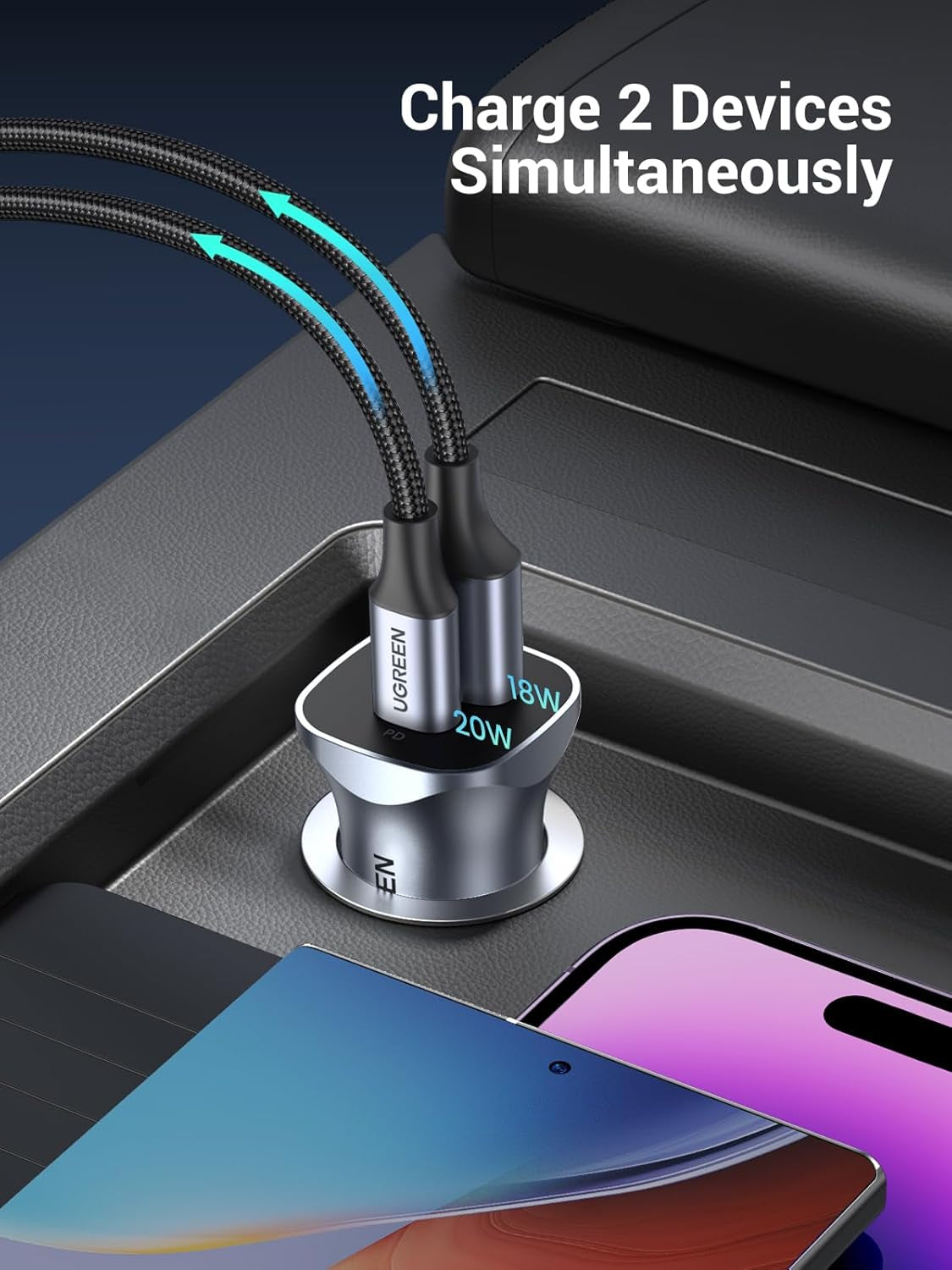 Car Charger USB C, 2 Ports PD 20W & QC18W, Super Mini, Aluminum Alloy, Space Grey, Compatible with Iphone 17/16/15/14/13, Galaxy S25/S24/S23, Pixel 10/9, LG, Ipad