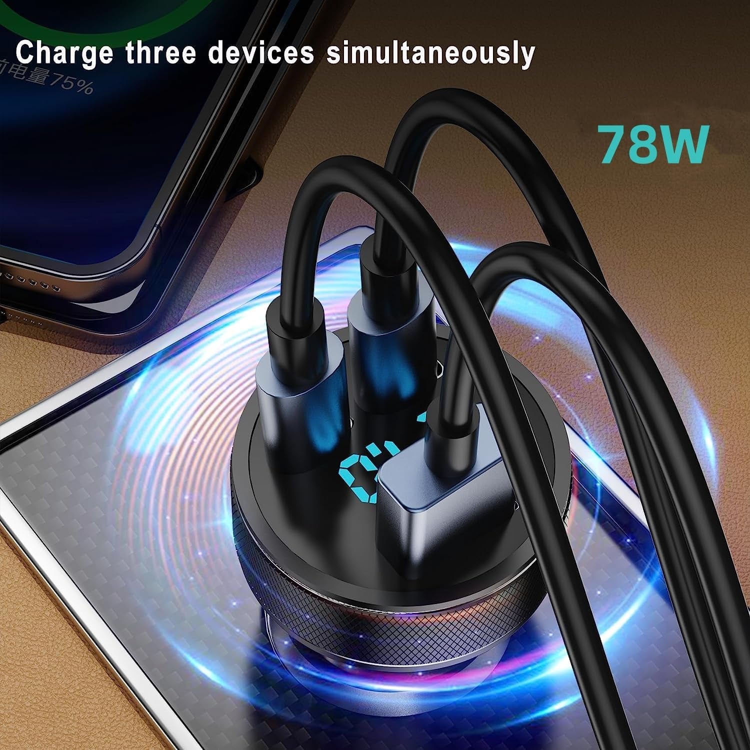 USB C Car Charger,78W Dual PD3.0 + QC 3.0 3 Port USB Fast Charging Adapter, Mini Metal USB Cigarette Lighter with LED Digital Voltmeter for Iphone 11/12/13/14, Macbook,Ipad Pro, Samsung S22/S21