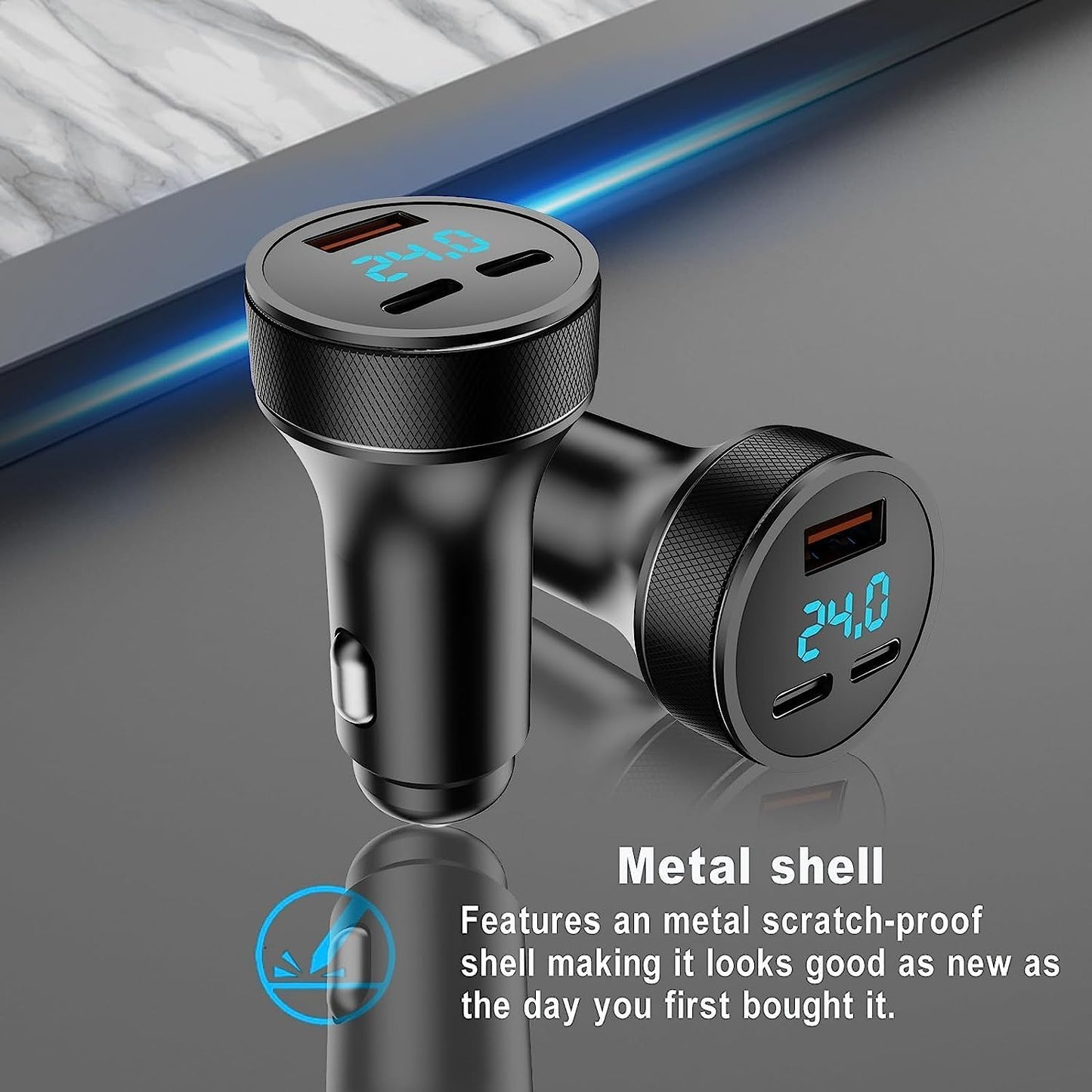 USB C Car Charger,78W Dual PD3.0 + QC 3.0 3 Port USB Fast Charging Adapter, Mini Metal USB Cigarette Lighter with LED Digital Voltmeter for Iphone 11/12/13/14, Macbook,Ipad Pro, Samsung S22/S21