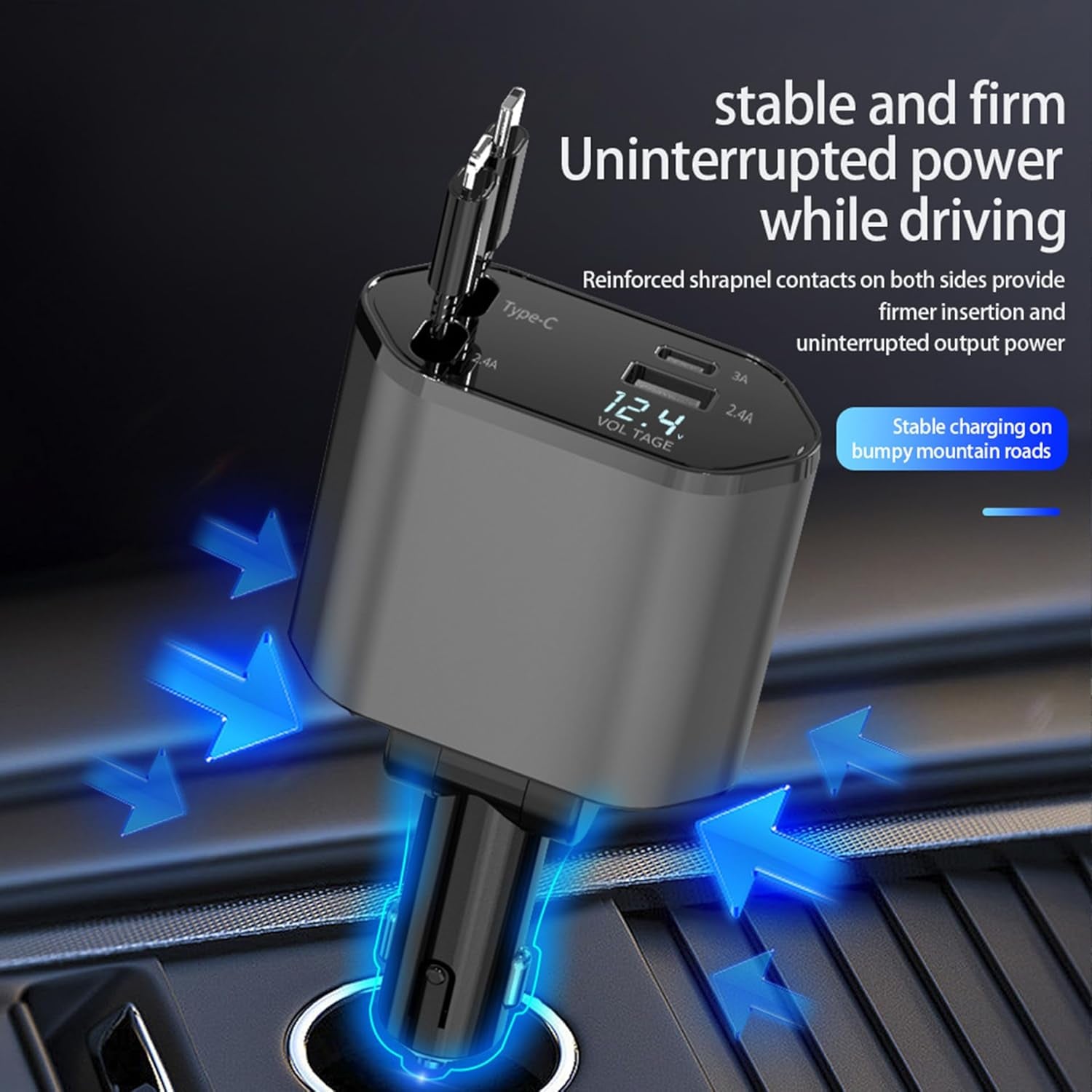 Retractable Car Charger 4 in 1 Fast Car Phone Charger 100W, Retractable Cables and USB Car Charger with 2 USB Ports, Car Charger for Iphone 15 14 13 12 Pro Max Plus/Samsung Galaxy/Huawei/Xiaomi